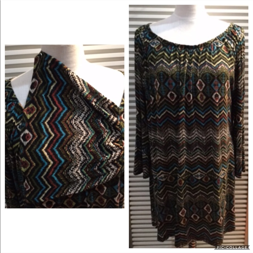CREAM2 szXL boho pattern dress w/bell sleeves